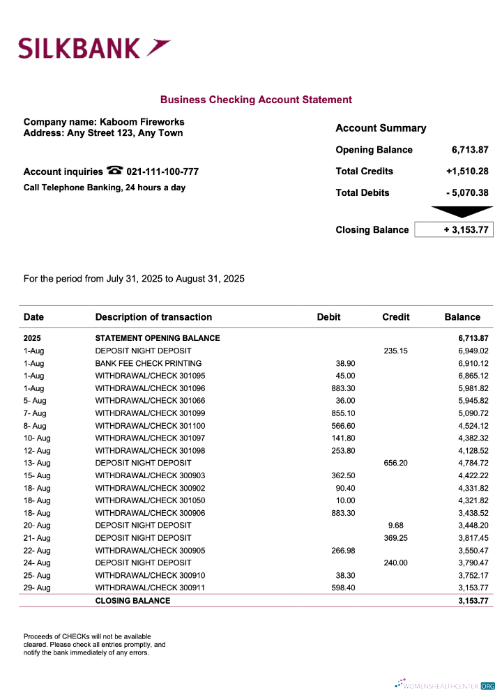 Download Pakistan Silkbank firm account statement Word and PDF template Photoshop template